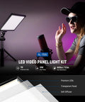 9 Inch LED Video Light Panel With Dimmable Output on tripod, woman in sunglasses with microphone, studio lighting setup