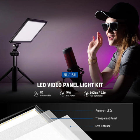 9 Inch LED Video Light Panel With Dimmable Output on tripod, woman in sunglasses with microphone, studio lighting setup