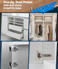 Collage showing 2 In 1 11-Hole Shelf Pin Jig And Concealed Hinge Drilling Guide, cabinet setups with 35mm hinges and shelf pins.