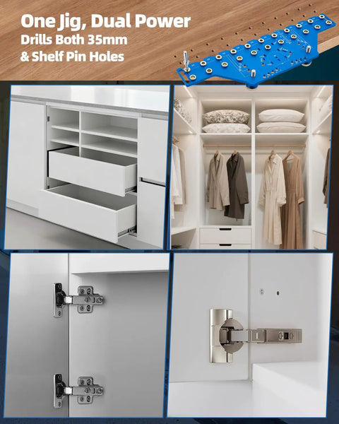 Collage showing 2 In 1 11-Hole Shelf Pin Jig And Concealed Hinge Drilling Guide, cabinet setups with 35mm hinges and shelf pins.