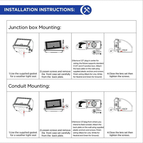 Installation instructions for Wall Pack Light 35W Behemoth Bright 4,200 Lumen 5000K showing junction and conduit mounting.
