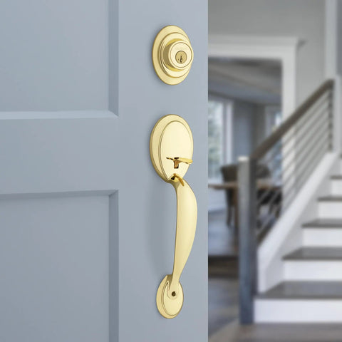 Dakota Front Door Lock Set With Handle And Deadbolt, Exterior Handleset With Interior Knob, Polished Brass Finish, Pick Resistant SmartKey Rekey Security For An Easy No Brainer Home Entry