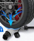 Heavy Duty Type 2 Ev Charger Cable 32 Amp 3 Phase 22 Kw Fast Charging Cord 5 Meter Length under a tire showing 1T bearing capacity.