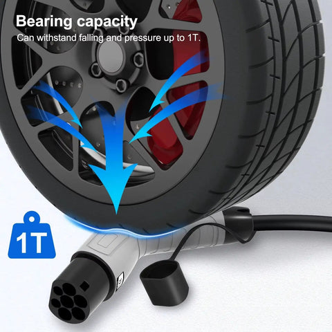 Heavy Duty Type 2 Ev Charger Cable 32 Amp 3 Phase 22 Kw Fast Charging Cord 5 Meter Length under a tire showing 1T bearing capacity.