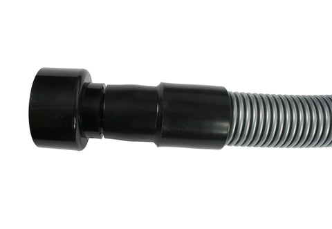 Close-up of 30 Ft Go-To Premium Shop Vacuum Extension Hose With 2 Tank Adapters And 1.25 Inch Curved End in silver.