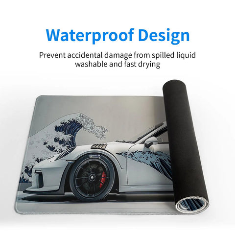 Ukiyoe Style Sports Car Themed Large Gaming Mouse Pad Desk Mat 31.5 By 11.8 Inches With Non Slip Rubber Base For Gamers And PC Enthusiasts