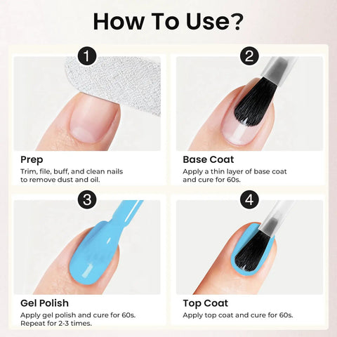 Instructional guide for Hema Free Gel Nail Polish Baby Blue With Matching Bottle And Color Coordinated Shade One Bottle UV Gel Polish Kit