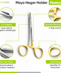 Front view of TC Mayo Hegar Needle Holder and Suture Driver with tungsten carbide inserts and gold ring handles, 7-inch medical instrument.