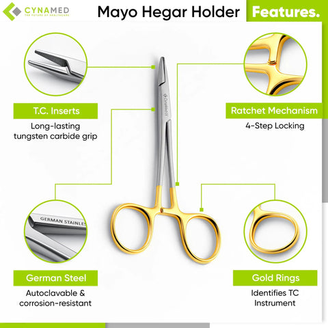 Front view of TC Mayo Hegar Needle Holder and Suture Driver with tungsten carbide inserts and gold ring handles, 7-inch medical instrument.
