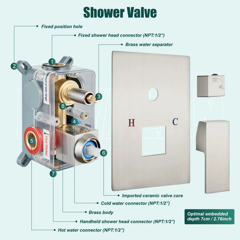 Ceiling Mount Shower Faucet Set With 12 Inch Square Fixed Shower Head And 2 In 1 Handheld Sprayer Brushed Nickel Finish SUS304 Rough-In Valve