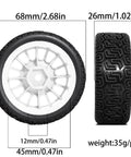 RC Car Upgrade Kit 68mm Rubber Tires And Wheels For 1/10 Scale RC Cars Built To Beef Up Performance On XV01 XV02 TT01 TT02 And Similar Models Durable Easy Install Great For Street Dirt And Racing Fun Silver, tire measurements shown