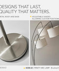 Arc Floor Lamp With Three Movable Beige Burlap Shades Dimmable Brightness And Adjustable Arms In Brushed Steel, base and lampshades view