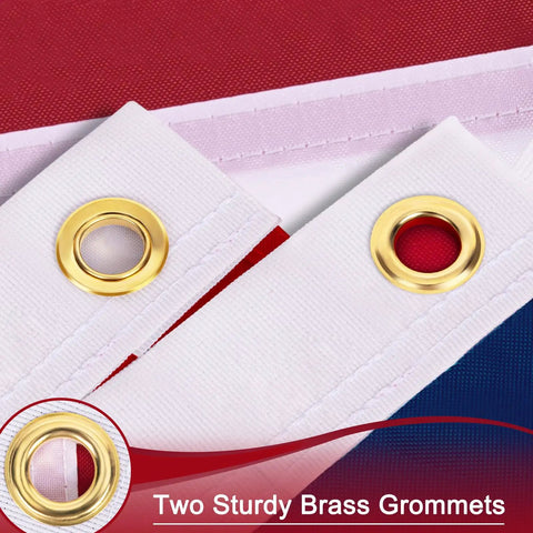 Close-up of brass grommets on heavy duty 4x6 outdoor nylon US flag with embroidered stars sewn stripes fade resistant weatherproof