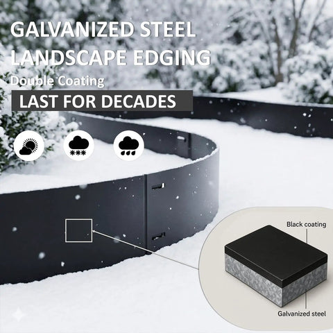 Metal Landscape Edging 20Ft Flexible No Dig Border 8 Inch Tall Galvanized Steel with snow and durability features
