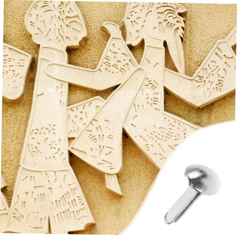 100 Pcs Iron Brads For DIY Crafting And Puppet Making Kit Durable Metal Fasteners For Paper Embellishments And Shadow Puppets Great For Creative Projects For All You Crafty Folks And Scrapbookers, silver iron brad on puppet cutout with detail.