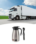 Heavy Duty 12V Car Electric Kettle With 1300ml Stainless Steel Body designed for truckers, shown with power cord and truck backdrop.