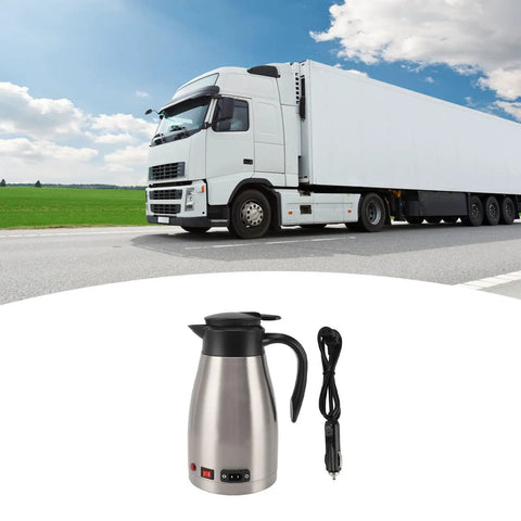 Heavy Duty 12V Car Electric Kettle With 1300ml Stainless Steel Body designed for truckers, shown with power cord and truck backdrop.
