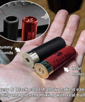 Dry Fire Training Snap Caps 12 Gauge Six Pack for Safe Loading and Misfire Practice shown in hand with real bullet comparison