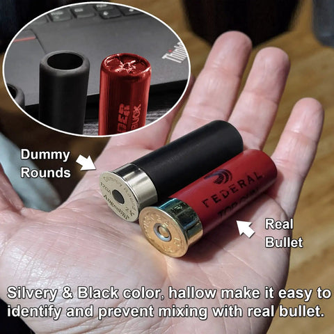 Dry Fire Training Snap Caps 12 Gauge Six Pack for Safe Loading and Misfire Practice shown in hand with real bullet comparison