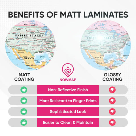 Comparison of matt and glossy coatings on maps, highlighting benefits like non-reflective finish and fingerprint resistance.