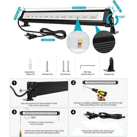 RGB Wall Washer Lights 42W RGBCW Smart App Controlled Waterproof LED Light Bar assembly instructions and accessories kit.