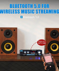 Compact Stereo Amplifier With Bluetooth 5.0 And 2 Channel Output For Home Audio system on shelf with smartphone control