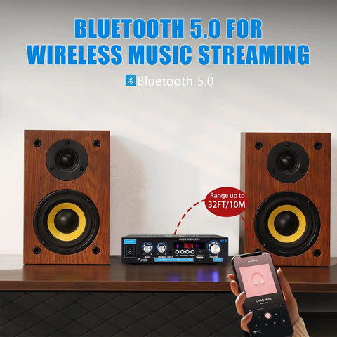 Compact Stereo Amplifier With Bluetooth 5.0 And 2 Channel Output For Home Audio system on shelf with smartphone control