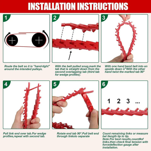 Installation instructions for Three Eighths Inch By 4 Foot Z Type Adjustable Link V Belt 3L Drive Belt Replacement for machinery.