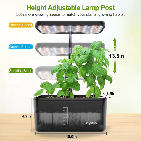 Indoor Herb Garden Kit With Hydroponic System, LED Grow Light, plant growth stages, clear 4.5L tank shown on table.