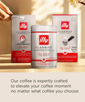 Illy Classico espresso pods and ground coffee packaging, featuring red and white design with Illy logo.