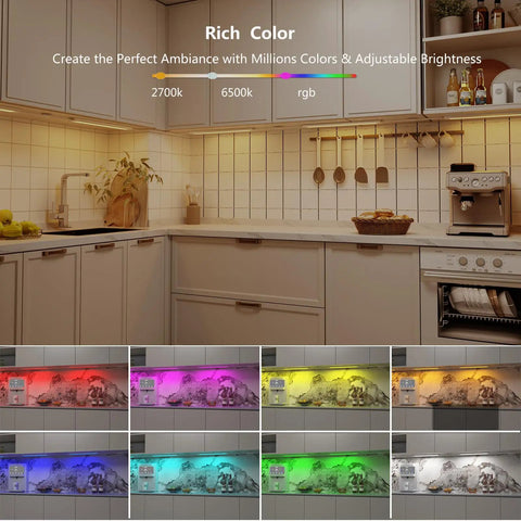 Under Cabinet RGB LED Strip Lights With Dimmable White And Color Voice Control With Alexa And Google Home Smart App Remote Plug In Kitchen Lighting Kit Lit Color Changing Mood Lighting 6 Piece Set displayed in a kitchen setting