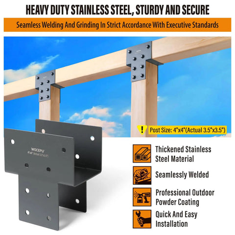 4 Pack Heavy Duty Stainless Steel Post Caps Tie Bracket Fits 4x4 Actual 3.5x3.5 Wood Posts for Connecting Gazebos Decks and Beams