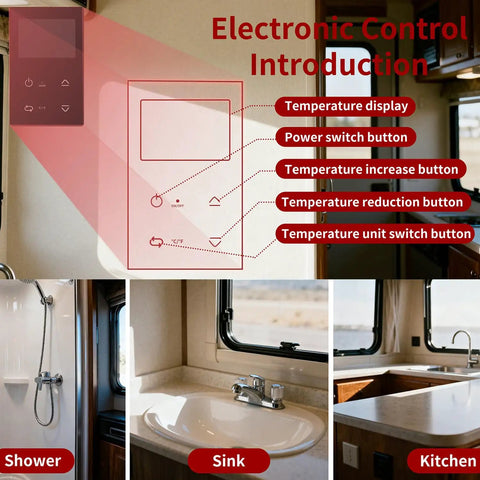 Electronic control panel for Straight Up Hot Water Instant Tankless Water Heater 12V DC, features buttons for temperature settings.