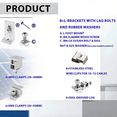 Components of Solar Panel Mounting Rail Kit For 5x320W Arrays With 8 Aluminum Rails Built Tough Adjustable Clamps