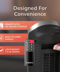Close-up of Oscillating Digital Ceramic Tower Space Heater For Home Or Office With Remote And Adjustable Thermostat, showing remote control.