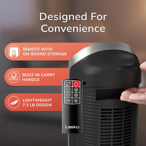 Close-up of Oscillating Digital Ceramic Tower Space Heater For Home Or Office With Remote And Adjustable Thermostat, showing remote control.