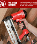 Pro Grade Pneumatic 16 Gauge Finish Nailer Kit With One Thousand Finish Nails Oil Free Design Depth Adjustment Dry Fire Lockout Straight Nail Gun For One And Quarter Inch To Two And Half Inch Nails shown in use on wood