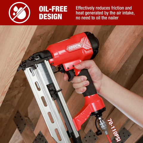 Pro Grade Pneumatic 16 Gauge Finish Nailer Kit With One Thousand Finish Nails Oil Free Design Depth Adjustment Dry Fire Lockout Straight Nail Gun For One And Quarter Inch To Two And Half Inch Nails shown in use on wood