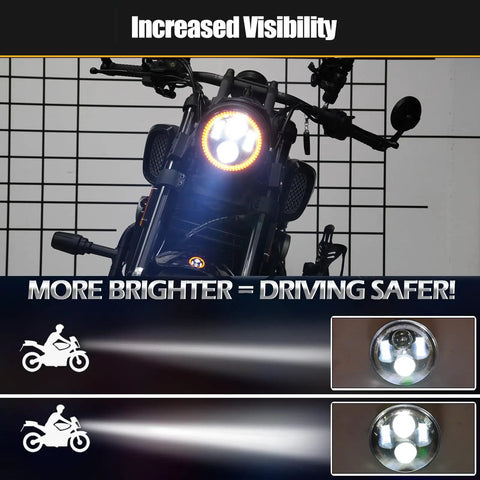 5.75 Inch Black Motorcycle Headlight With Smoked Amber Halo DRL And Matte Black Housing Includes 32 To 40 Mm Fork Tube Side Mount Brackets Fits Most Motorcycles From Cruisers And Cafe Racers To Choppers