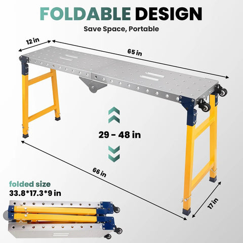 Heavy Duty Carbon Steel Folding Welding Table Offers 2200 Lbs Capacity And Adjustable Height With Swivel Casters For Serious Shop Wrenching And Build Work shown folded and extended with dimensions.