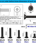 Flat Head Hex Socket Cap Screws Set M5 8 12 16 20 30mm Fully Threaded Rugged Black Oxide Alloy Steel Grade 10.9 CSK Allen Head Machine Screws With Hex Key HanTof dimensions and specifications chart.