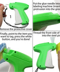 Step-by-step use of Clothing Tag Gun Kit with 6 Steel Needles 5000 Barbs and 500 Price Tags for dressmakers.
