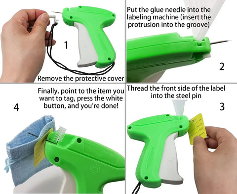 Step-by-step use of Clothing Tag Gun Kit with 6 Steel Needles 5000 Barbs and 500 Price Tags for dressmakers.