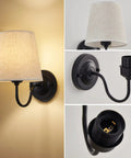 Set Of 2 Industrial Wall Sconces With Beige Fabric Shades, Black Finish, close-up of shade and base, E26 bulb socket detail.