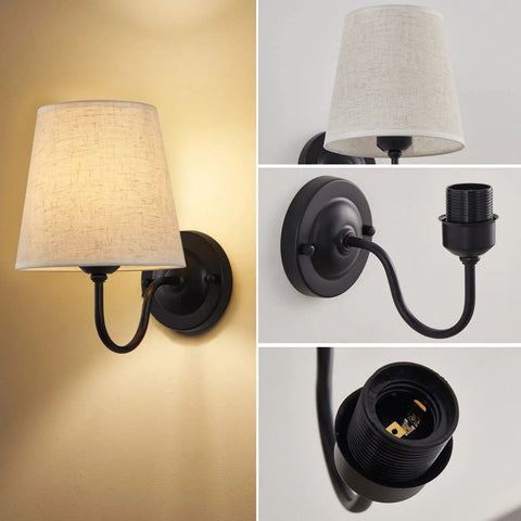 Set Of 2 Industrial Wall Sconces With Beige Fabric Shades, Black Finish, close-up of shade and base, E26 bulb socket detail.