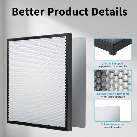 Creality 320x320mm steel honeycomb laser bed with aluminum panel and 12 raisers; black frame.
