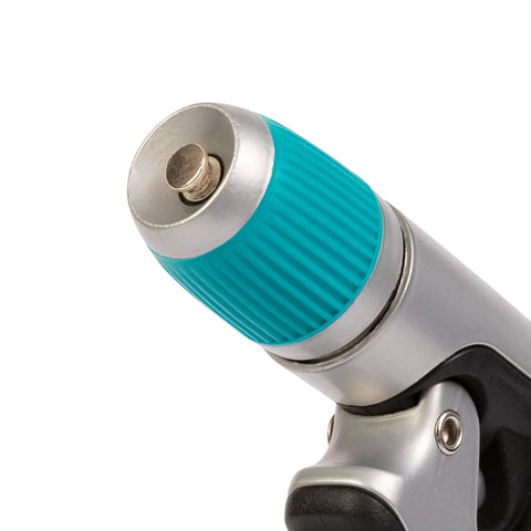 Close-up of the blue adjustable spray pattern nozzle on the Front Control Garden Hose Nozzle With Adjustable Spray Pattern, Ergonomic Non Slip Grip, One Hand Trigger Lock, Built To Last Metal Sprayer For Lawn, Garden, And Yard Care