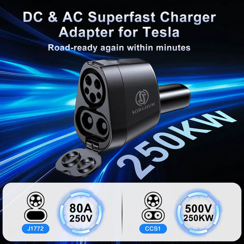 Zero Hassle Plug And Go 2 In 1 Ccs And J1772 To Tesla Adapter showcasing 250kW ports and sleek design for ultra-fast charging.