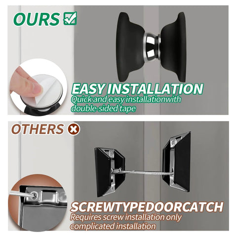 Comparison of RV Magnetic Door Catch Set 2 Pack easy tape installation vs screw-type door catch for campers and trailers.