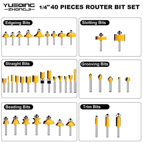 40 Piece Router Bit Set With Quarter Inch Shank For Woodworking shown with edging, slotting, straight, grooving, beading, trim bits
